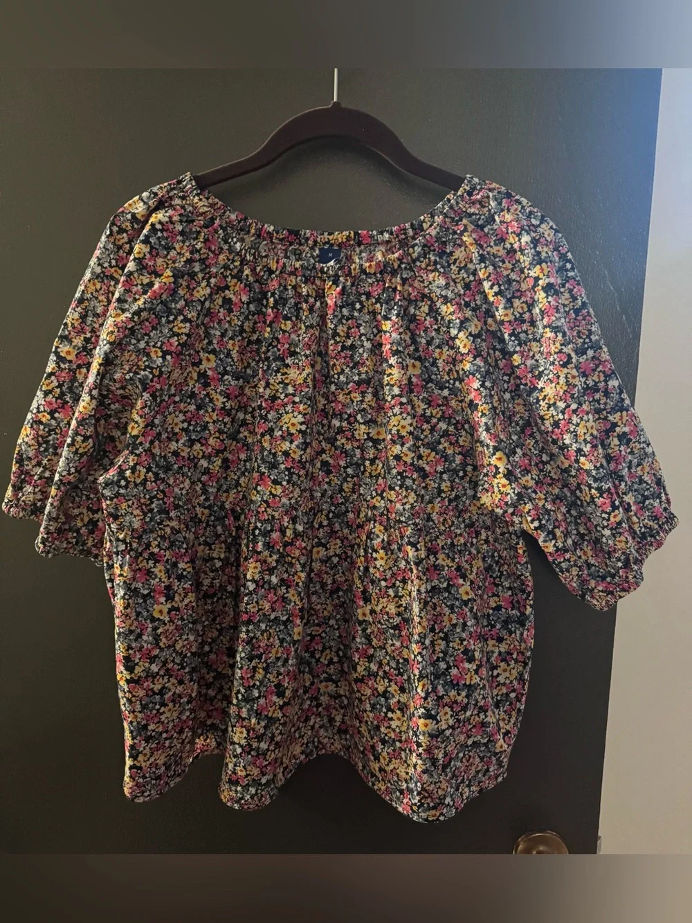Old Navy Black Floral Puff Sleeve Blouse with Pink and Yellow Accents medium